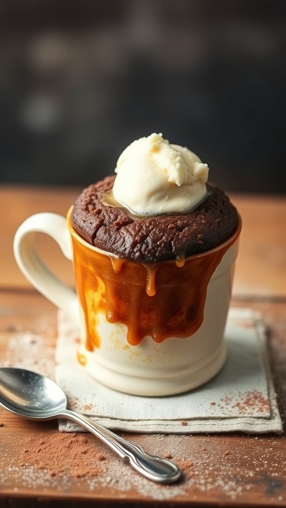 A chocolate mug cake topped with melting ice cream on a wooden table.